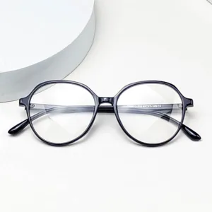 Detailed view of lightweight TR90 optical glasses frame, clear lenses and temple markings.