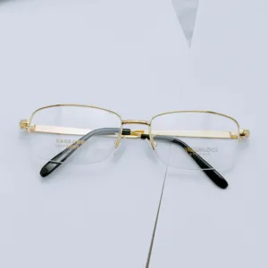 Close-up detail of luxury gold-plated men business semi-rimless eyeglasses frame 3027.