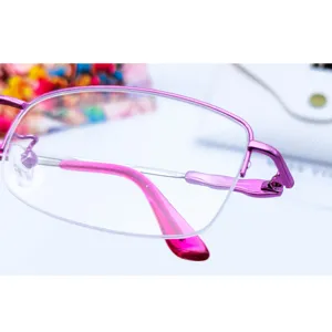 Women semi rimless metal optical glasses frame detail view, comfortable memory temple design.