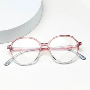Detail view of lightweight gradient TR90 optical glasses frame, clear finish and temple view.
