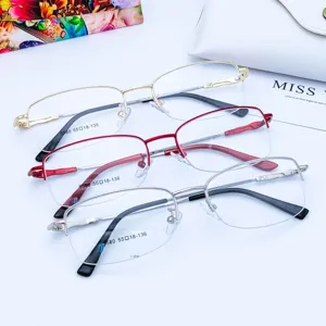 Women's half-frame metal optical glasses frame with memory temples, stylish business eyewear.
