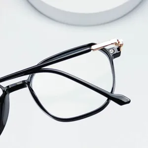 Classic black frame glasses with gold metal hinges, stylish large polygonal optical frames.