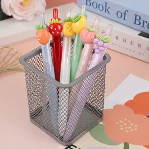 Cute fruit gel pens set with cartoon toppers in metal pen holder for students cute stationery gift