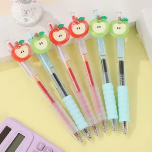 Cute apple gel pens set with soft grip, quick drying black and red ink, aesthetic stationery.