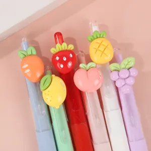 Cute fruit gel pen detail shot, colorful retractable stationery with cute resin charms.