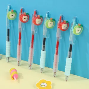 Cute apple pendant gel pen set, 0.5mm black ink, comfortable cloud grip for student writing.