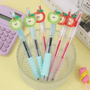 Cute apple gel pens set, cartoon fruit pendant neutral pens with soft grip for students writing.