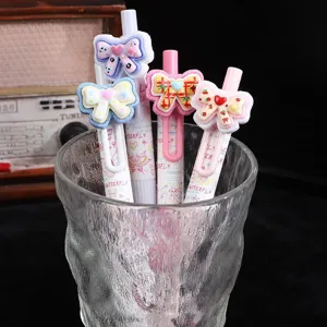 Detailed view of cute bowknot press neutral pens in glass, smooth writing cute stationery.