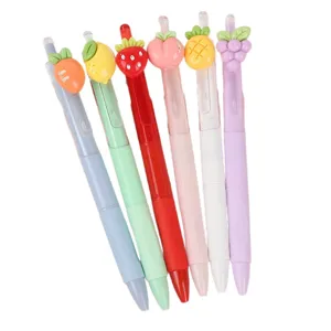 Cute fruit gel pens set with adorable fruit toppers, smooth writing pens for school students.