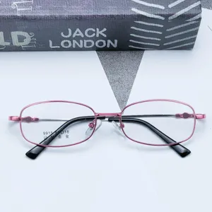 Detail view of women metal optical eyeglass frames, durable memory titanium alloy design.