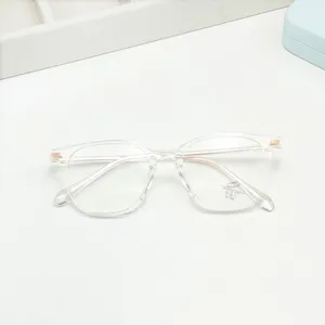Detailed view of clear TR retro anti-blue light glasses frame, flat optical eyewear.