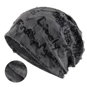 Unisex Fleece Lined Beanie Hat Cotton Polyester Blend Distressed Letter Print Warm Knit Skull Cap Casual Winter Hat