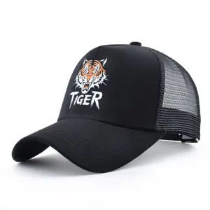 Casquette de camionneur en mesh noir avec imprimé tigre, casquette de sport respirante.