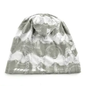 Distressed grey beanie hat for men and women, vintage streetwear style with graphic text.