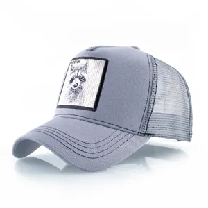 Men's grey mesh baseball cap featuring a stylish embroidered raccoon animal patch for street fashion.