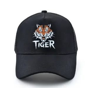 Casquette de baseball trucker noire unisexe avec broderie de visage de tigre et filet.