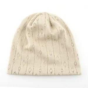 Beige hollow knit slouchy beanie, breathable thin spring summer hat for men and women daily wear