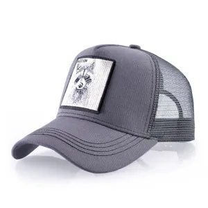 Grey mesh trucker hat for men featuring a stylish embroidered raccoon animal patch design.