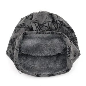 Winter fleece lined beanie hat for men and women, warm knit cap with graffiti style.
