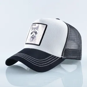Classic black white mesh trucker hat with embroidered raccoon animal patch for men.