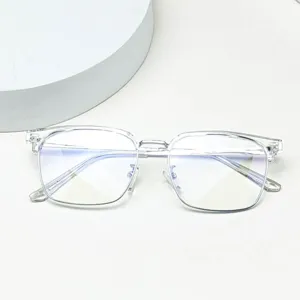 Close-up detail of transparent anti-blue light glasses frame, clear modern optical eyewear.