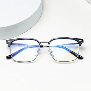Detailed view of lightweight browline prescription glasses frame with anti-blue light lenses.