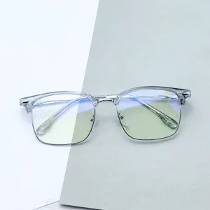 Primer plano de una montura de gafas retro transparente con lentes antirrayas y luz azul.