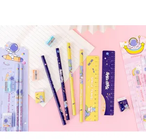 Detailed view of cute astronaut theme stationery set including pencils rulers and erasers.