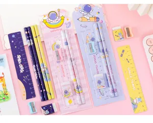 Astronaut stationery set detail view, featuring cute space pencils, rulers, and erasers for kids.