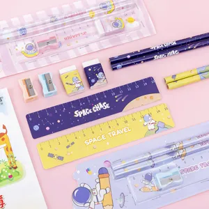 Cute astronaut stationery set including pencils rulers erasers and sharpeners for kids.