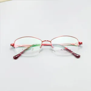 Classic red semi-rimless oval metal eyeglasses frame for women, perfect for daily wear.