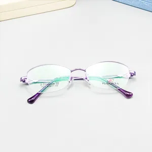 Purple half-frame titanium eyeglass frames, elegant oval design for women daily wear.