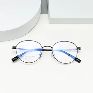 Classic round beta-titanium eyeglasses frame detail view, minimalist thin black rim.