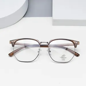 Close-up detail view of stylish multi-sided anti-blue light glasses frame with clear lenses.