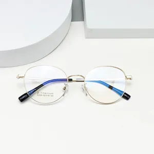 Round metal eyeglasses frame detail featuring beta titanium material and clear demonstration lenses.