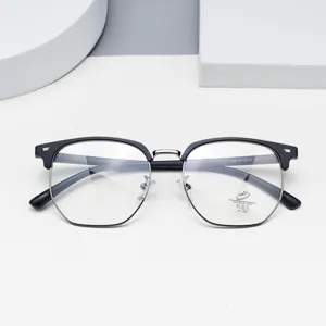 Close-up detail view of stylish half-frame anti-blue light glasses featuring clear lenses.