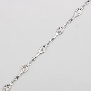 Close-up detail of silver stainless steel tennis racket link chain for DIY jewelry making.