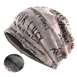 Autumn winter thermal fleece lined slouchy beanie hat with graffiti text details
