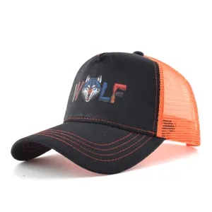 Casquette trucker noire et orange tendance avec broderie de loup, casquette de baseball mesh.