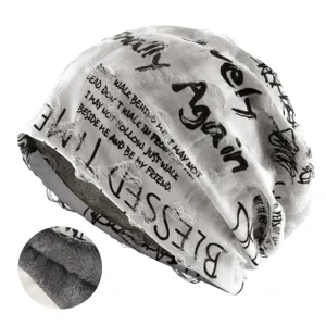 Winter fleece lined slouchy beanie hat for men and women, stylish graffiti print casual warm cap.