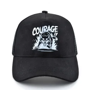 Casquette trucker noire avec imprimé loup et texte courage, casquette de baseball mesh stylée.