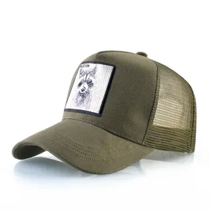 Men's army green mesh baseball cap featuring a cool raccoon embroidered patch for street style.