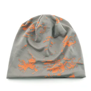 Bonnet en tricot motif gris et orange, confortable bonnet de chimiothérapie.