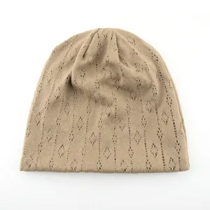 Detailed view of the lightweight hollow-out knit beanie, breathable design for casual wear.