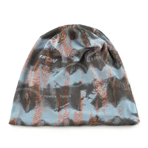Detail view of the American wasteland style distressed knit beanie with cool graffiti graphic print.