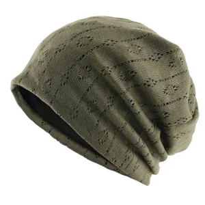 Green hollow knit slouchy beanie, breathable thin summer casual cap for large head sizing.