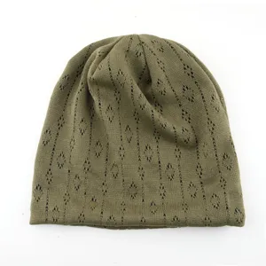 Close-up view of the breathable hollow-knit beanie showing fine texture and pattern.