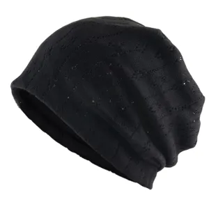 Black slouchy knit beanie lightweight breathable hollow out cap for spring and summer daily wear.