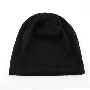 Black hollow-out knit beanie breathable spring summer slouchy cap lightweight casual headwear