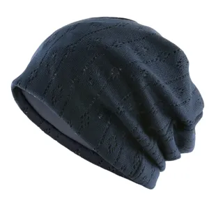 Breathable hollow knit slouchy beanie, dark blue casual thin cap for spring and summer daily wear.